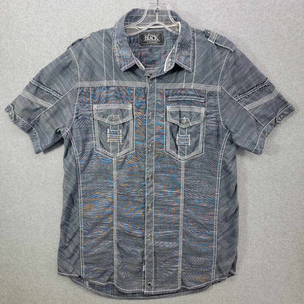 Buckle Black Shirt Mens Medium Button Up Standard Fit Embroidered Stretch y2k